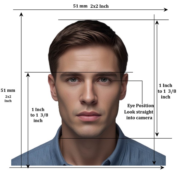 Visual guide showing Mexican passport photo measurements